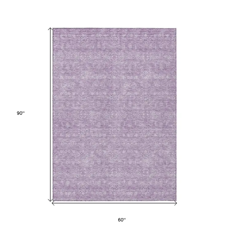 5' X 8' Lavender Lilac And Ivory Floral Washable Indoor Outdoor Area Rug