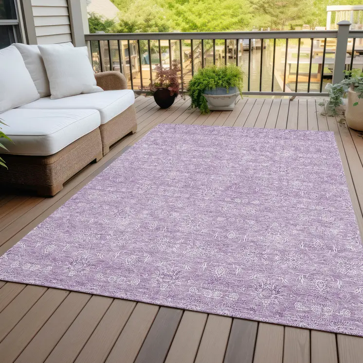 5' X 8' Lavender Lilac And Ivory Floral Washable Indoor Outdoor Area Rug