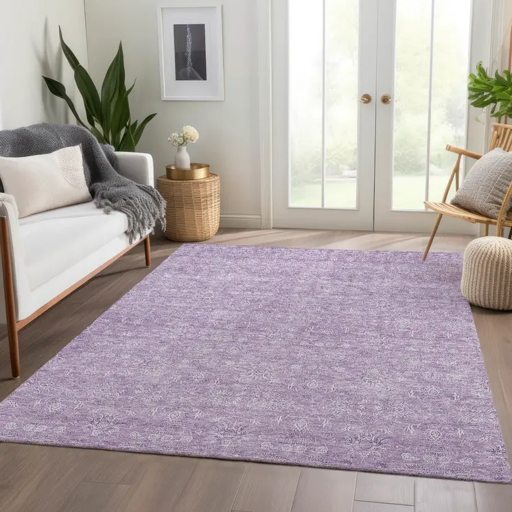5' X 8' Lavender Lilac And Ivory Floral Washable Indoor Outdoor Area Rug
