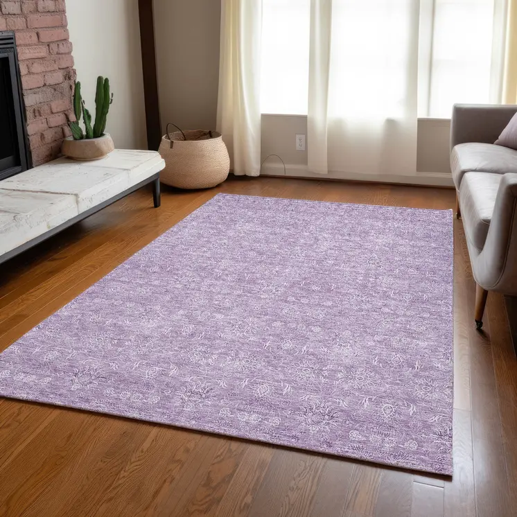 5' X 8' Lavender Lilac And Ivory Floral Washable Indoor Outdoor Area Rug