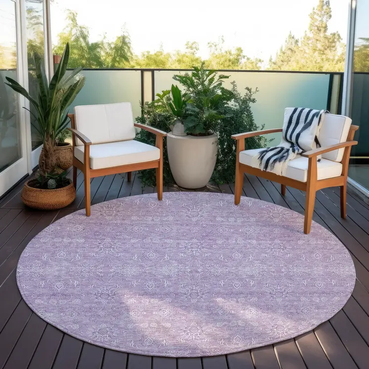8' Lavender Lilac And Ivory Round Floral Washable Indoor Outdoor Area Rug