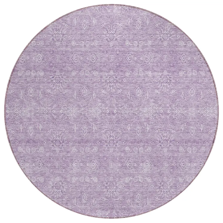 8' Lavender Lilac And Ivory Round Floral Washable Indoor Outdoor Area Rug