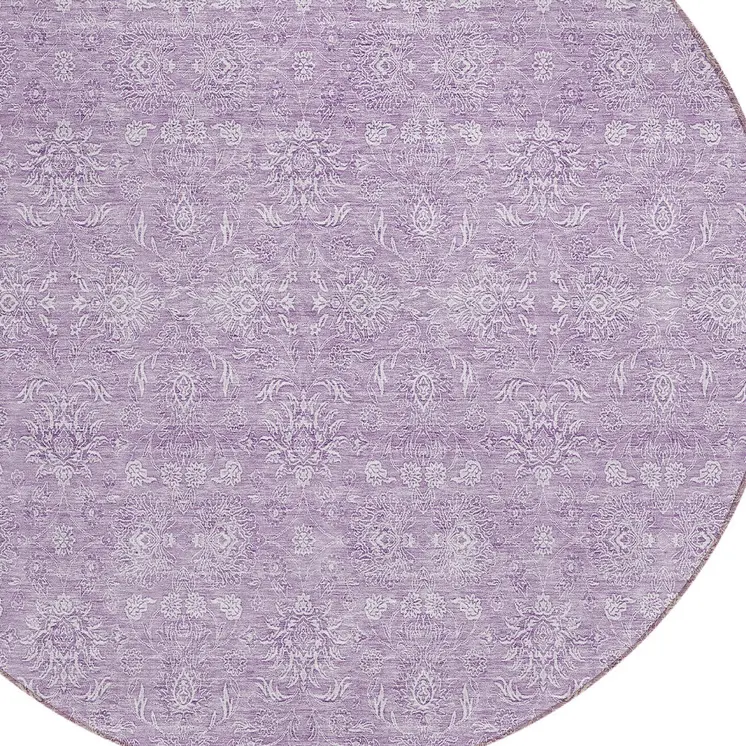 8' Lavender Lilac And Ivory Round Floral Washable Indoor Outdoor Area Rug