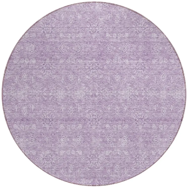 8' Lavender Lilac And Ivory Round Floral Washable Indoor Outdoor Area Rug