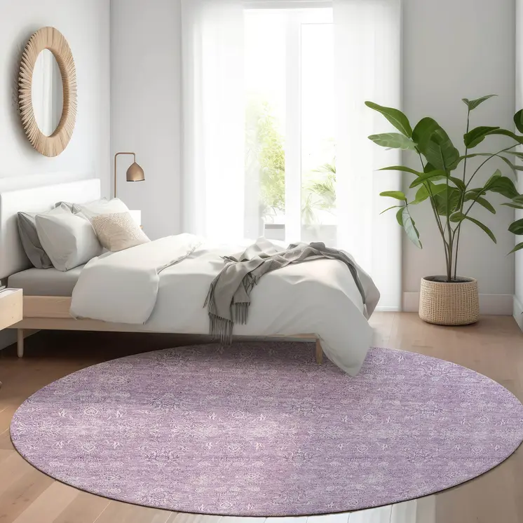 8' Lavender Lilac And Ivory Round Floral Washable Indoor Outdoor Area Rug