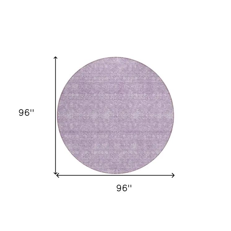 8' Lavender Lilac And Ivory Round Floral Washable Indoor Outdoor Area Rug