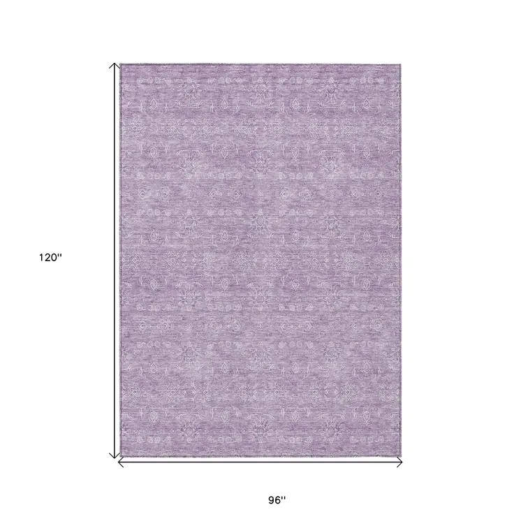 8' X 10' Lavender Lilac And Ivory Floral Washable Indoor Outdoor Area Rug