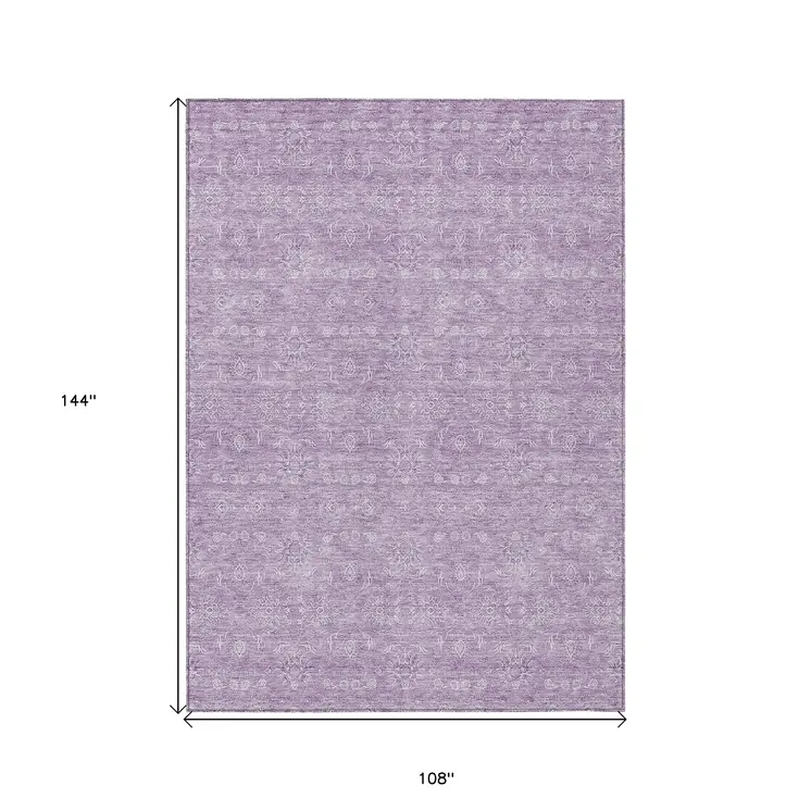 9' X 12' Lavender Lilac And Ivory Floral Washable Indoor Outdoor Area Rug