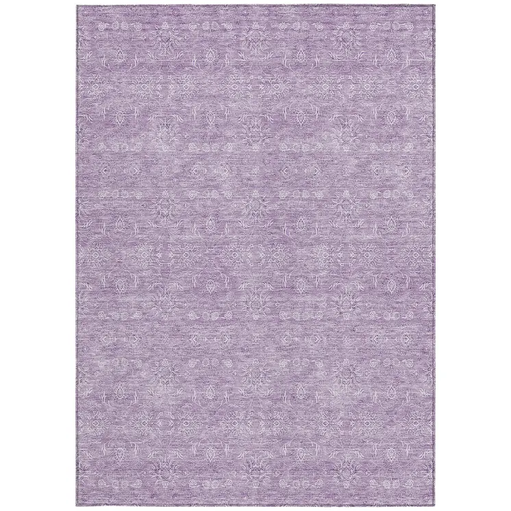 9' X 12' Lavender Lilac And Ivory Floral Washable Indoor Outdoor Area Rug