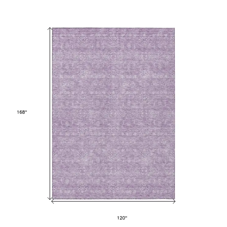 10' X 14' Lavender Lilac And Ivory Floral Washable Indoor Outdoor Area Rug