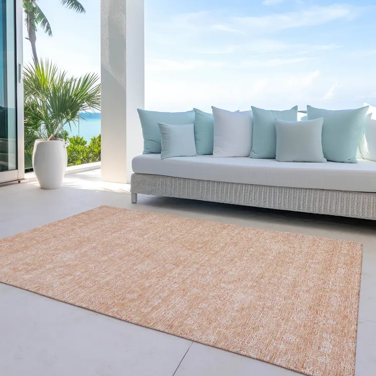 3' X 5' Peach And Ivory Floral Washable Indoor Outdoor Area Rug