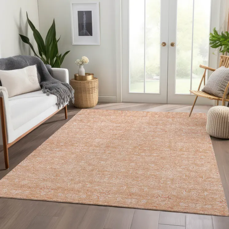 5' X 8' Peach And Ivory Floral Washable Indoor Outdoor Area Rug