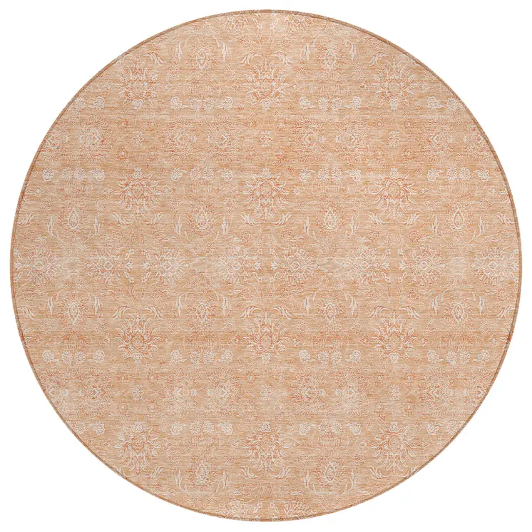 8' Peach And Ivory Round Floral Washable Indoor Outdoor Area Rug