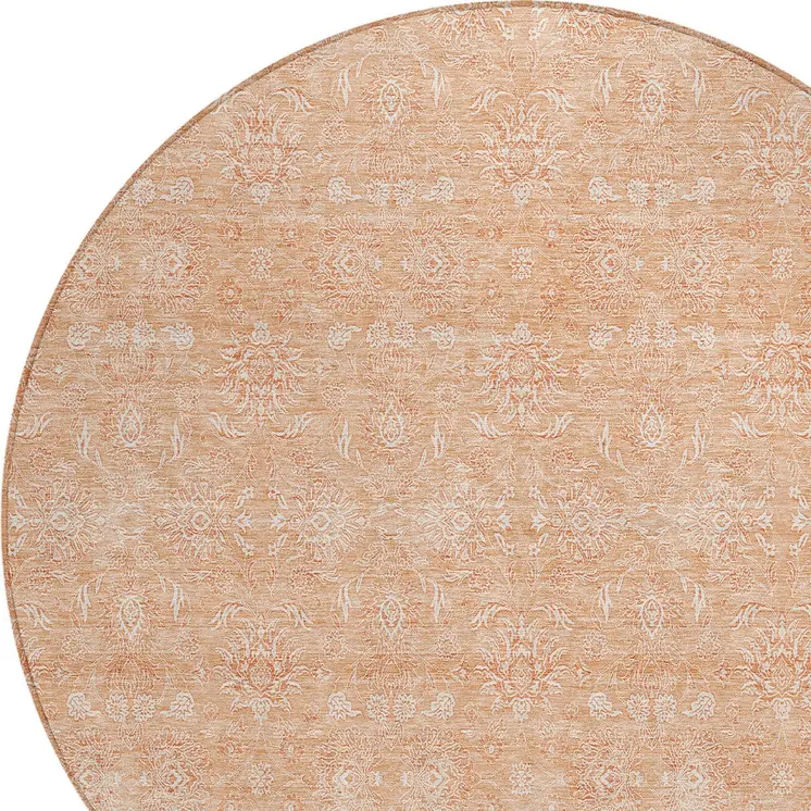 8' Peach And Ivory Round Floral Washable Indoor Outdoor Area Rug