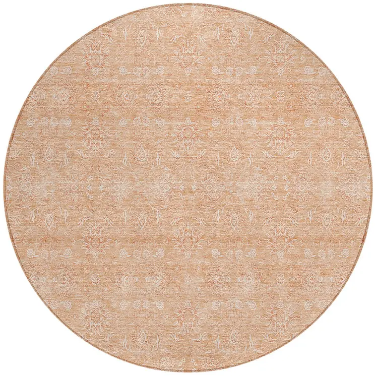 8' Peach And Ivory Round Floral Washable Indoor Outdoor Area Rug