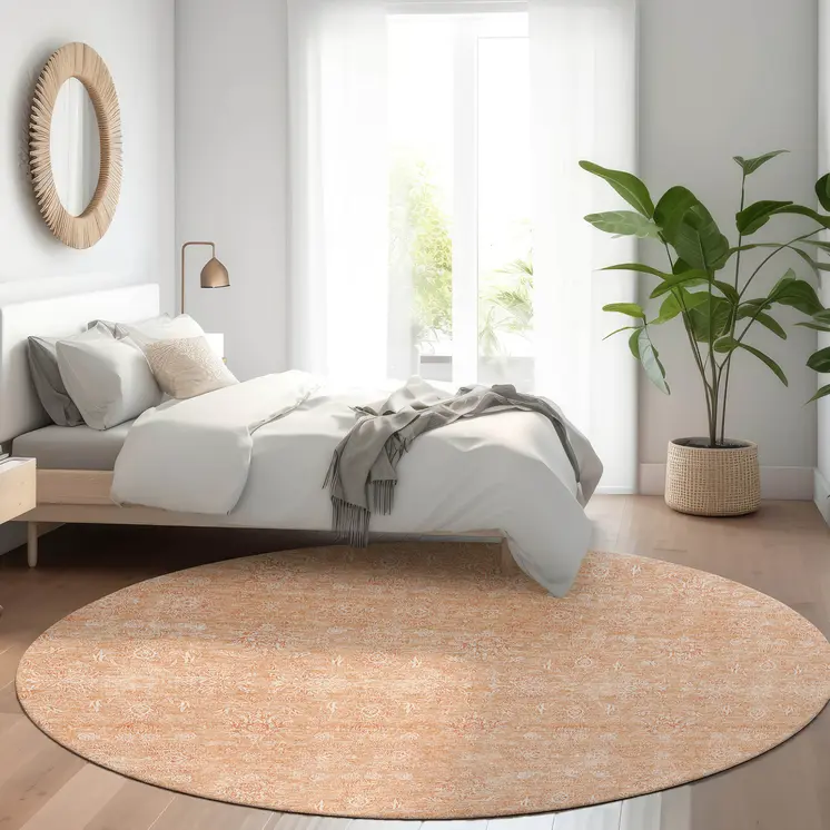 8' Peach And Ivory Round Floral Washable Indoor Outdoor Area Rug