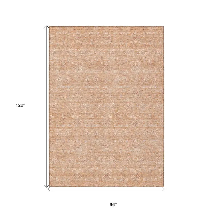 8' X 10' Peach And Ivory Floral Washable Indoor Outdoor Area Rug