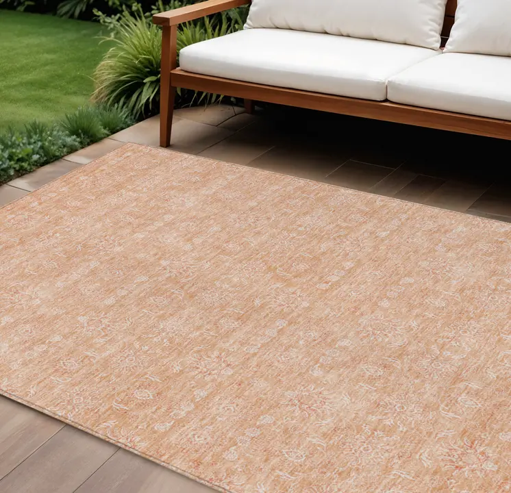 8' X 10' Peach And Ivory Floral Washable Indoor Outdoor Area Rug