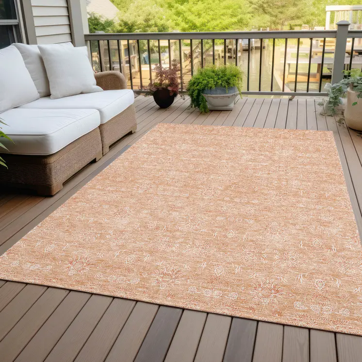8' X 10' Peach And Ivory Floral Washable Indoor Outdoor Area Rug