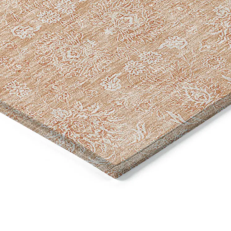 10' X 14' Peach And Ivory Floral Washable Indoor Outdoor Area Rug
