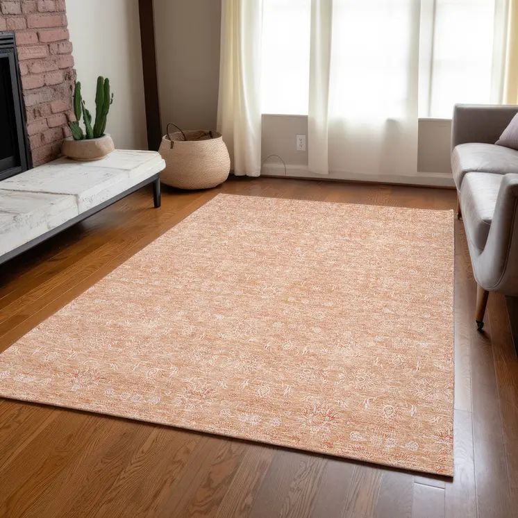 10' X 14' Peach And Ivory Floral Washable Indoor Outdoor Area Rug