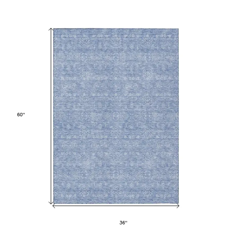 3' X 5' Sky Blue And Ivory Floral Washable Indoor Outdoor Area Rug
