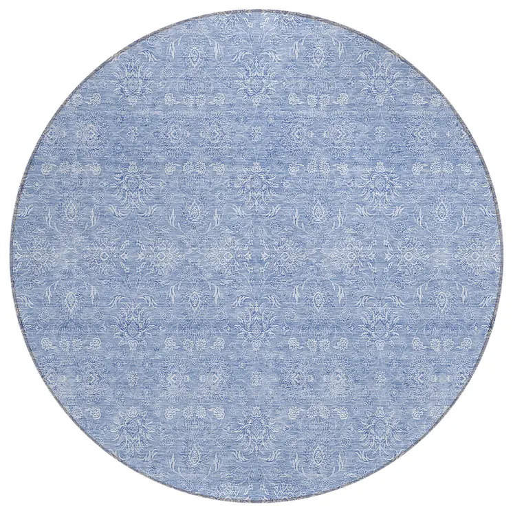 8' Sky Blue And Ivory Round Floral Washable Indoor Outdoor Area Rug