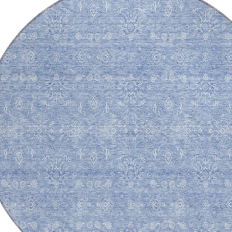 8' Sky Blue And Ivory Round Floral Washable Indoor Outdoor Area Rug