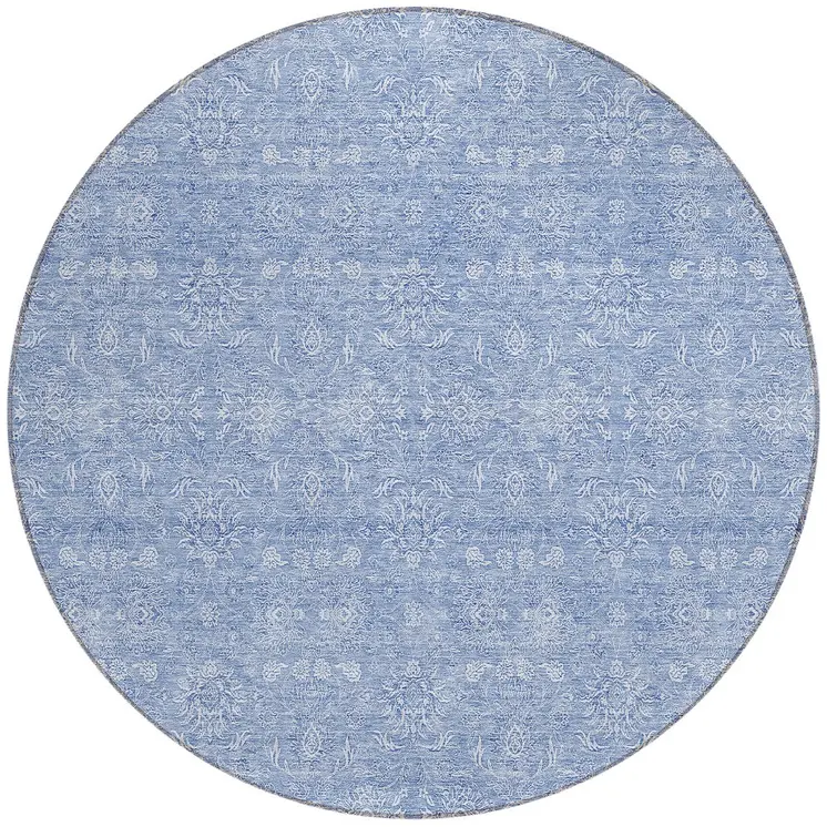 8' Sky Blue And Ivory Round Floral Washable Indoor Outdoor Area Rug