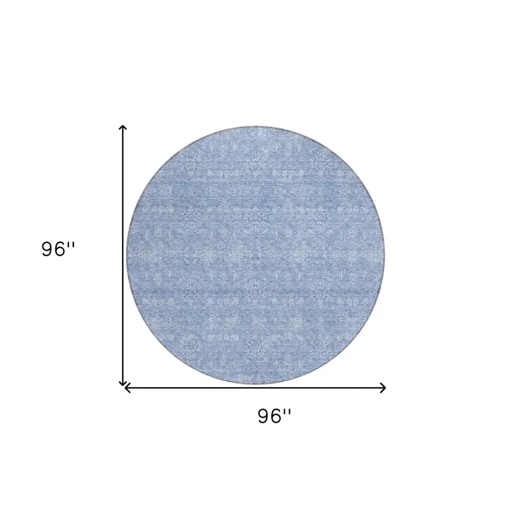 8' Sky Blue And Ivory Round Floral Washable Indoor Outdoor Area Rug