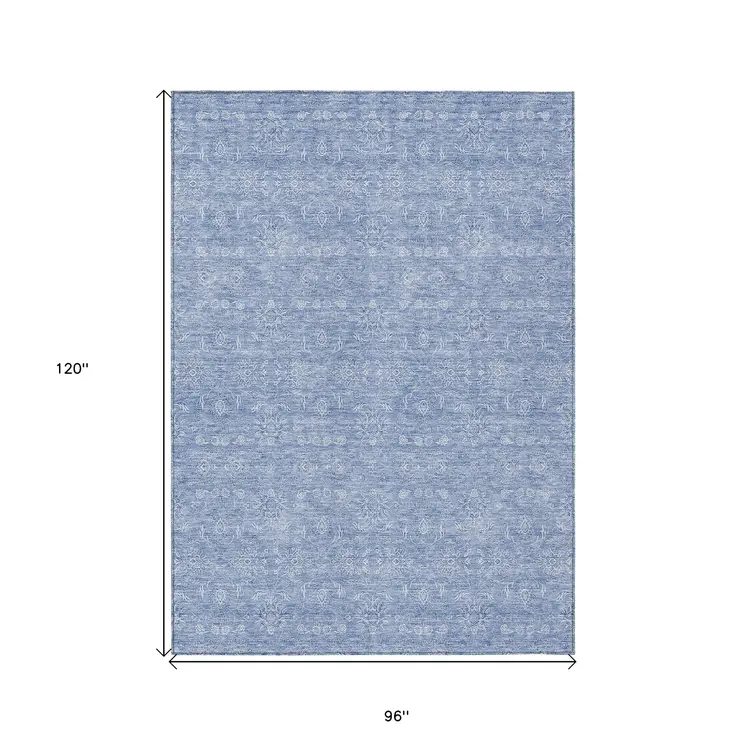 8' X 10' Sky Blue And Ivory Floral Washable Indoor Outdoor Area Rug