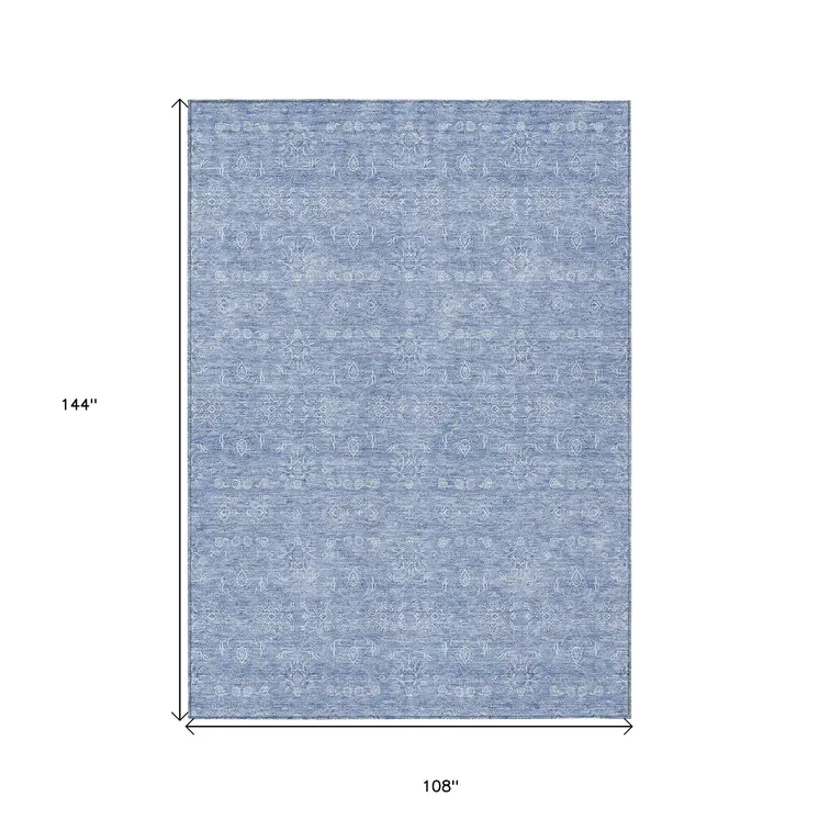 9' X 12' Sky Blue And Ivory Floral Washable Indoor Outdoor Area Rug
