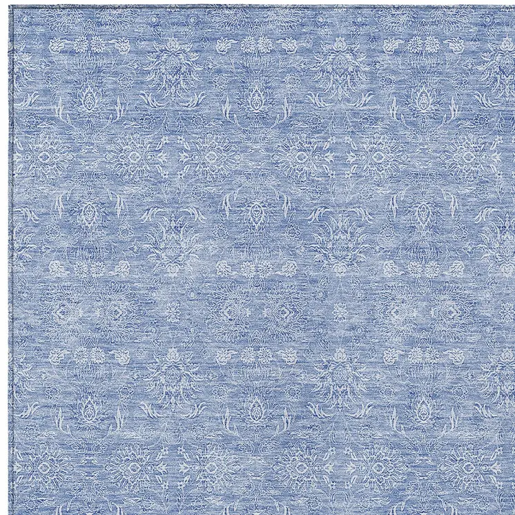 10' X 14' Sky Blue And Ivory Floral Washable Indoor Outdoor Area Rug
