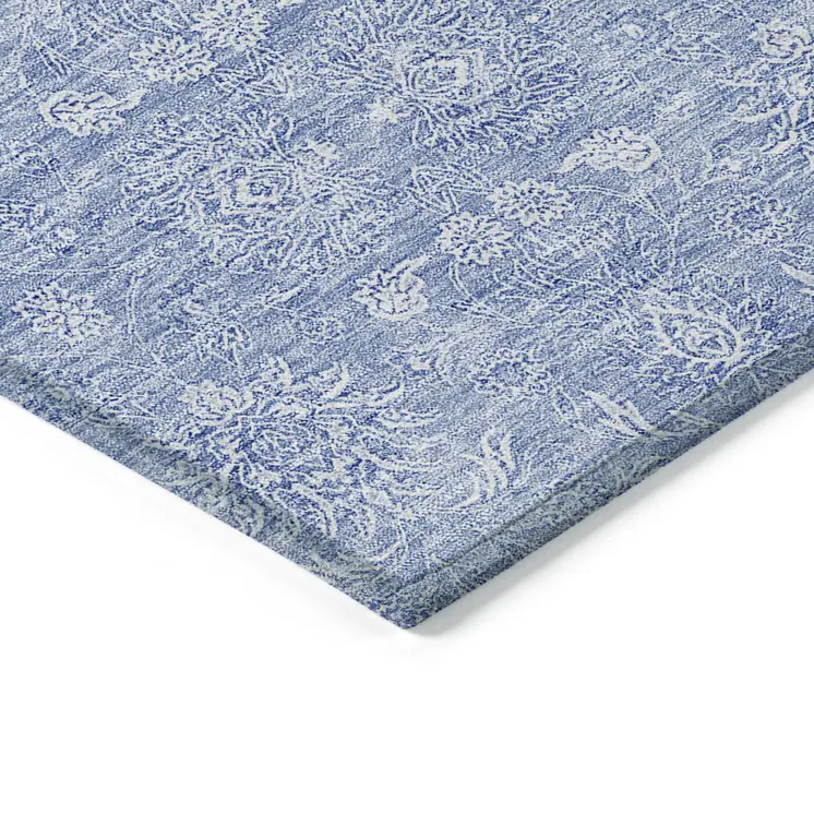 10' X 14' Sky Blue And Ivory Floral Washable Indoor Outdoor Area Rug