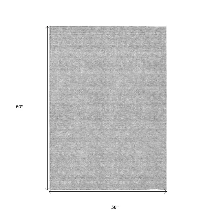 3' X 5' Silver Gray And Ivory Floral Washable Indoor Outdoor Area Rug