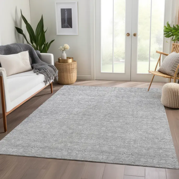 3' X 5' Silver Gray And Ivory Floral Washable Indoor Outdoor Area Rug