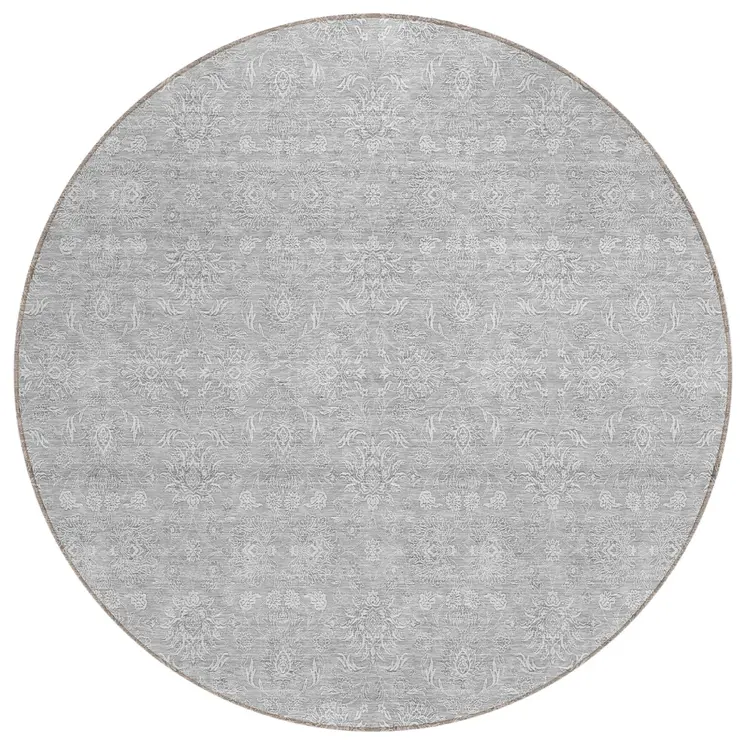 8' Silver Gray And Ivory Round Floral Washable Indoor Outdoor Area Rug