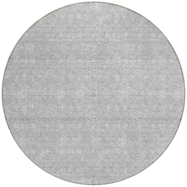 8' Silver Gray And Ivory Round Floral Washable Indoor Outdoor Area Rug