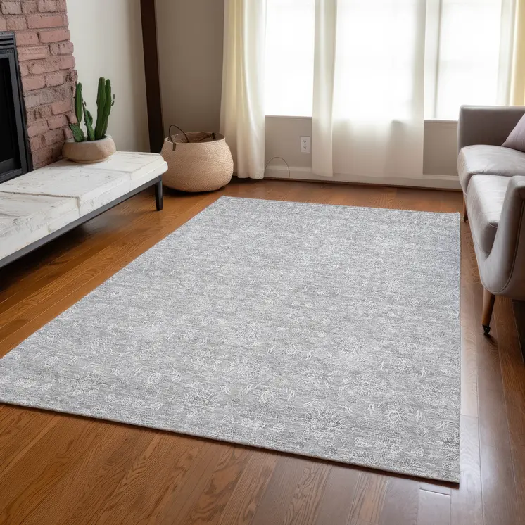 8' X 10' Silver Gray And Ivory Floral Washable Indoor Outdoor Area Rug