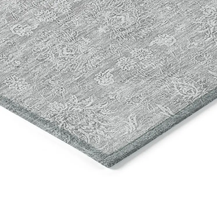 10' X 14' Silver Gray And Ivory Floral Washable Indoor Outdoor Area Rug