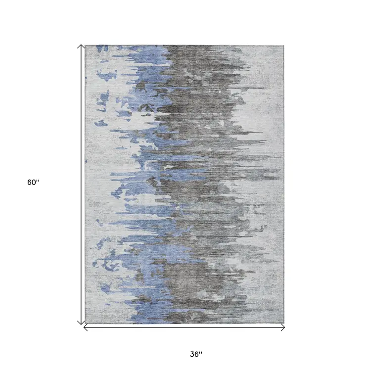 3' X 5' Blue Gray And Silver Abstract Washable Indoor Outdoor Area Rug