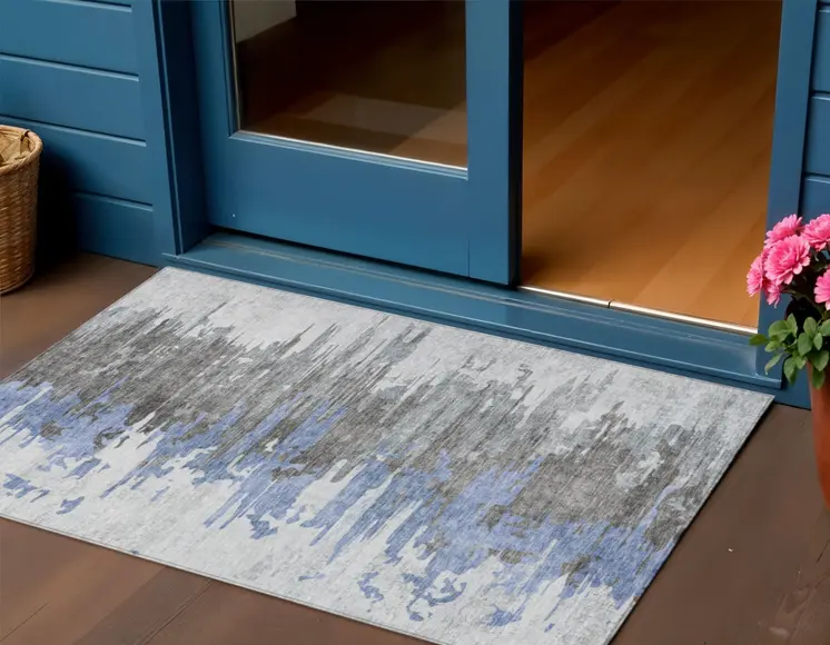 3' X 5' Blue Gray And Silver Abstract Washable Indoor Outdoor Area Rug