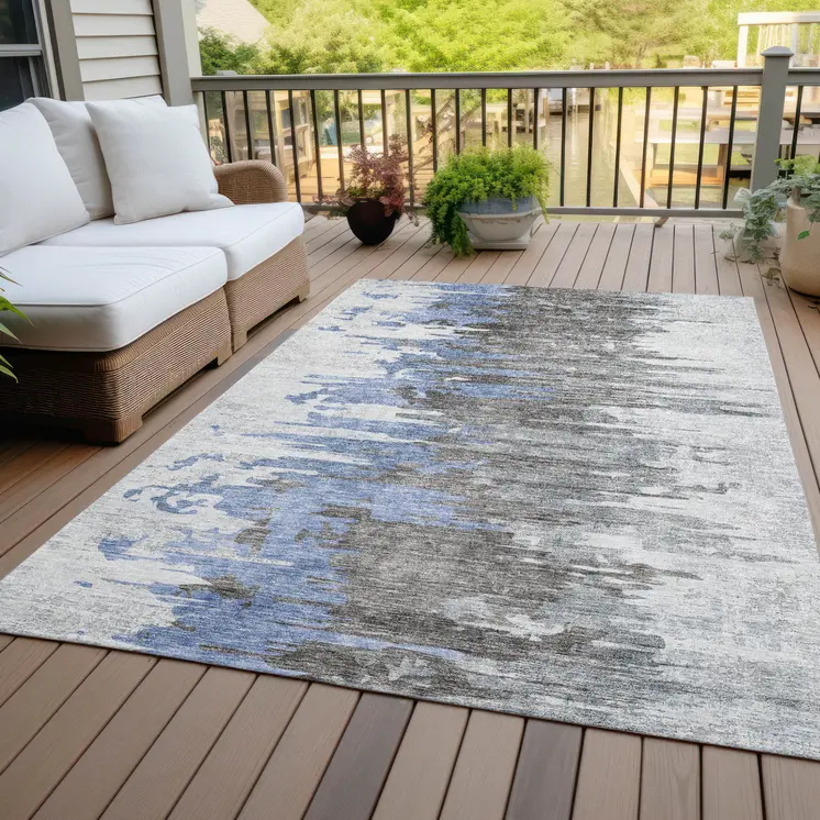 3' X 5' Blue Gray And Silver Abstract Washable Indoor Outdoor Area Rug