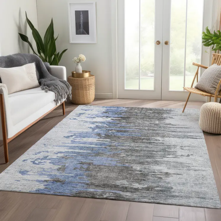 3' X 5' Blue Gray And Silver Abstract Washable Indoor Outdoor Area Rug