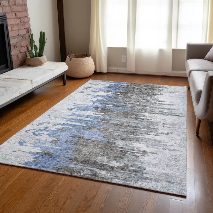 3' X 5' Blue Gray And Silver Abstract Washable Indoor Outdoor Area Rug