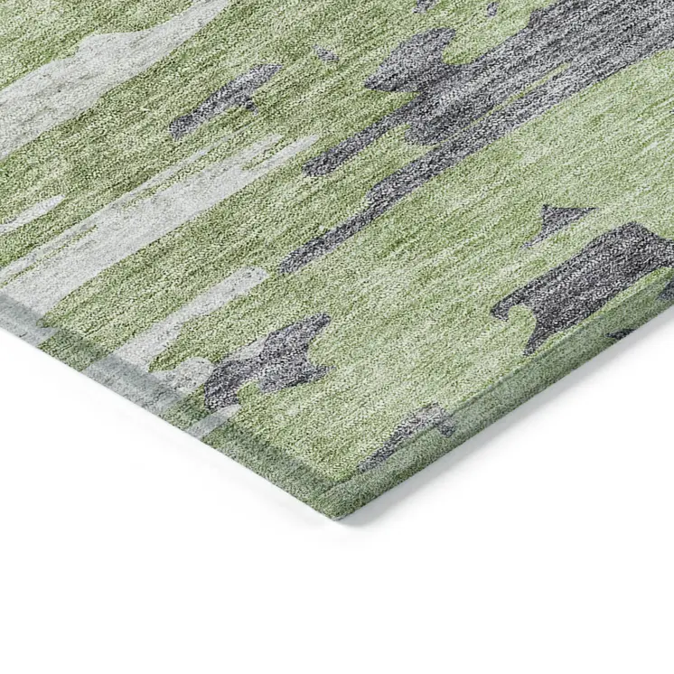 3' X 5' Green And Silver Abstract Washable Indoor Outdoor Area Rug
