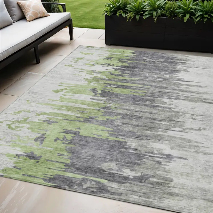 5' X 8' Green And Silver Abstract Washable Indoor Outdoor Area Rug