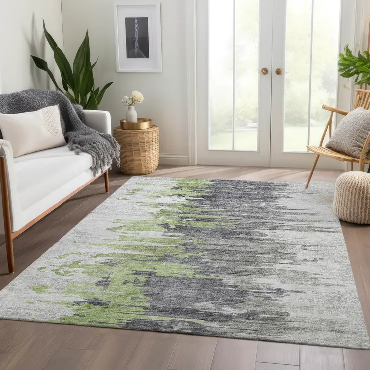 5' X 8' Green And Silver Abstract Washable Indoor Outdoor Area Rug