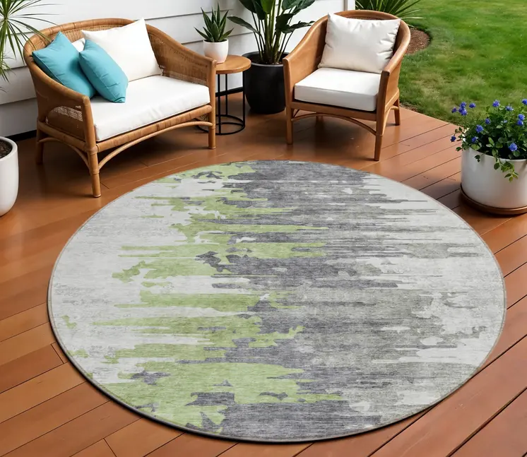 8' Green And Silver Round Abstract Washable Indoor Outdoor Area Rug