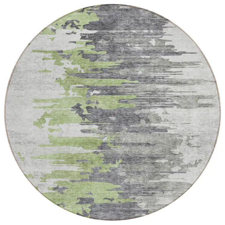 8' Green And Silver Round Abstract Washable Indoor Outdoor Area Rug